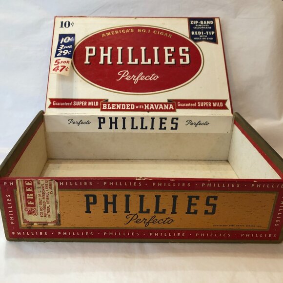 Vintage PHILLIES CIGAR BOX / Perfecto / Smoking / Tobacco / Empty 10 Cent Cigars - Picture 1 of 8